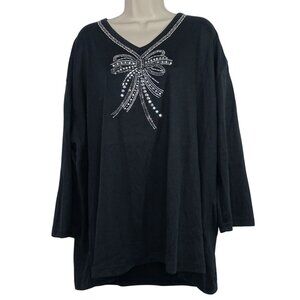 Vintage Get Lucky Black Top Women Size 3XL Rhinestone Studded V-Neck Long Sleeve